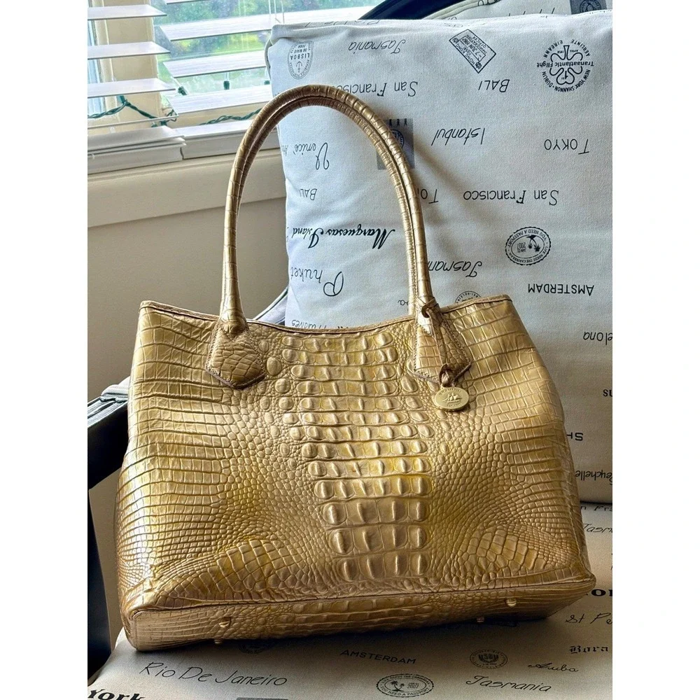 NWT Brahmin Sol Glossy Anytime Tote Gold Croc Embossed Leather Bag Neutral